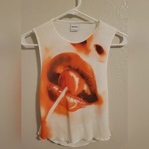 Bershka White Tank Top with Orange Lip Graphic